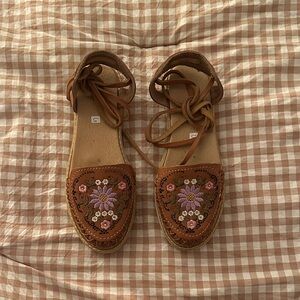 Women's Brown Embroidered Lace-Up Espadrille Flats